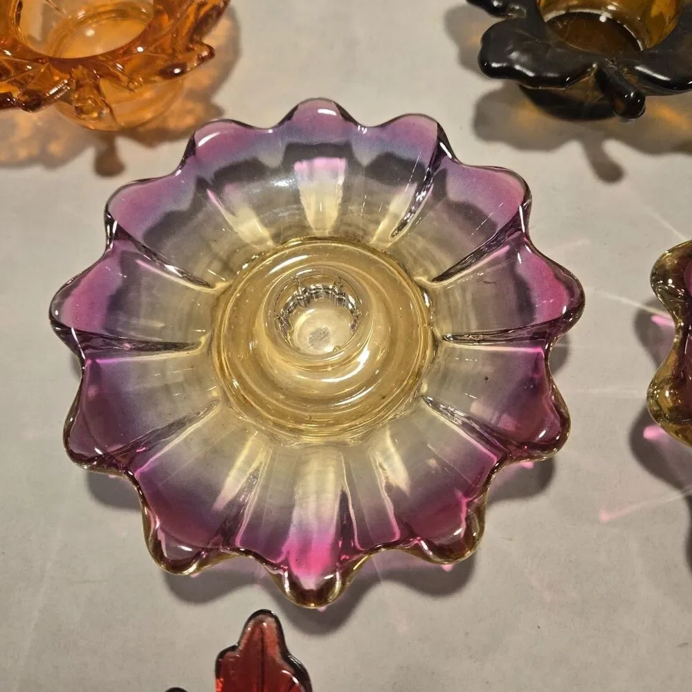 Vintage Federal Glass Celestial Candle Holder Set - Iridescent Sunburst & Autumn
